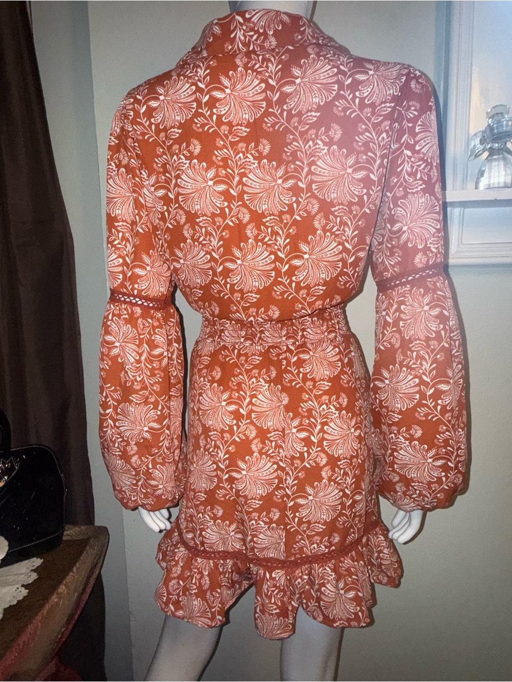 Women's Rust Floral Ruffle Mini Dress - Picture 7 of 10